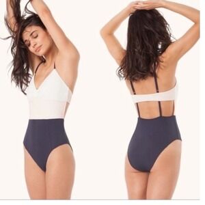 Lively Color block One Piece Swimsuit Pink Blue Open Back Preppy Size Medium